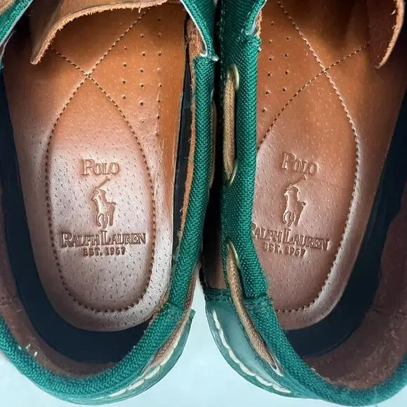 Men\'s Polo Ralph Lauren Canvas‎ Leather Loafers Green & Brown, Size 9D Boat Shoe Men main image 4